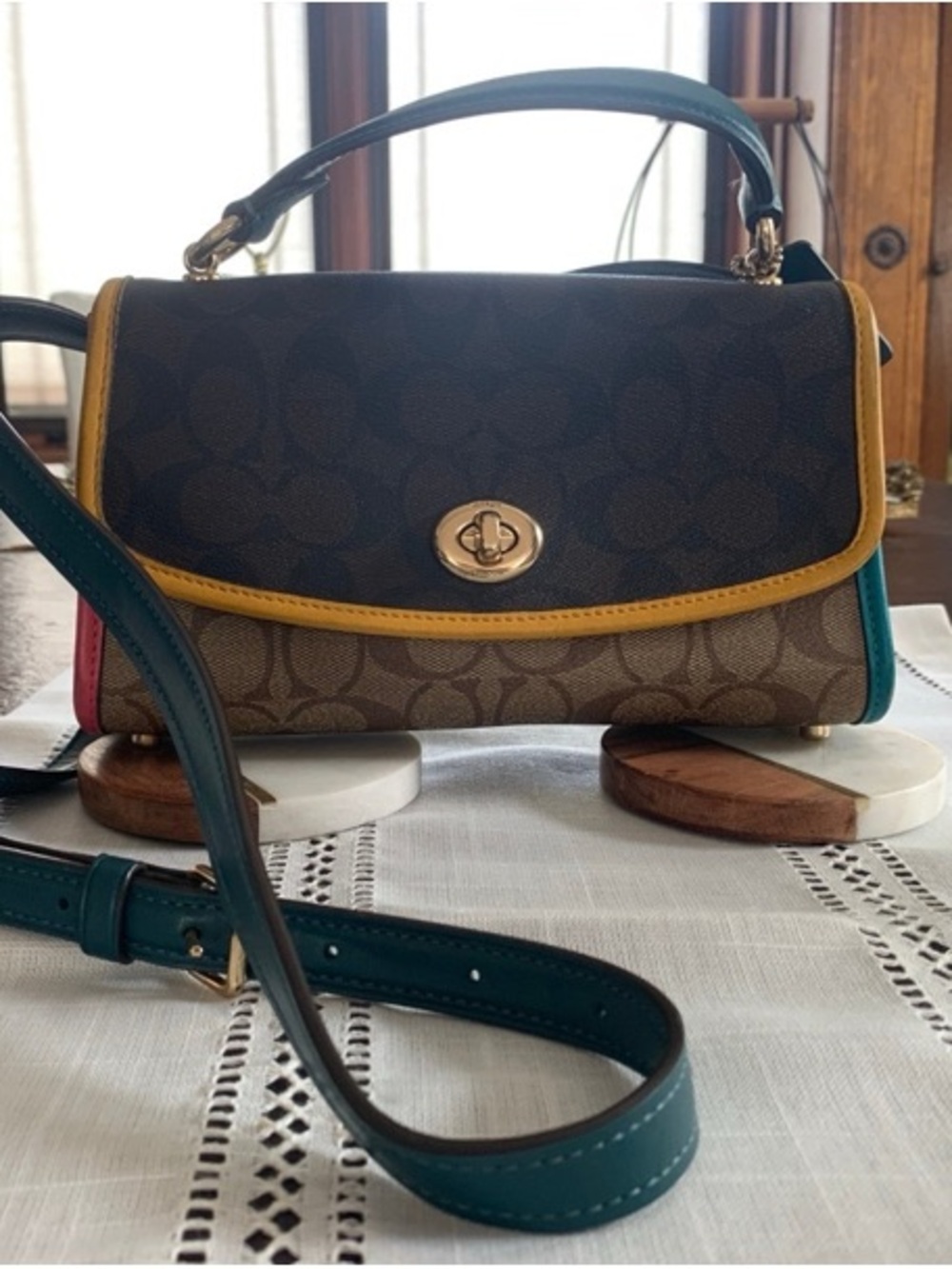 Coach Colorblock Signature Crossbody in Brown, Yellow, Teal & Pink